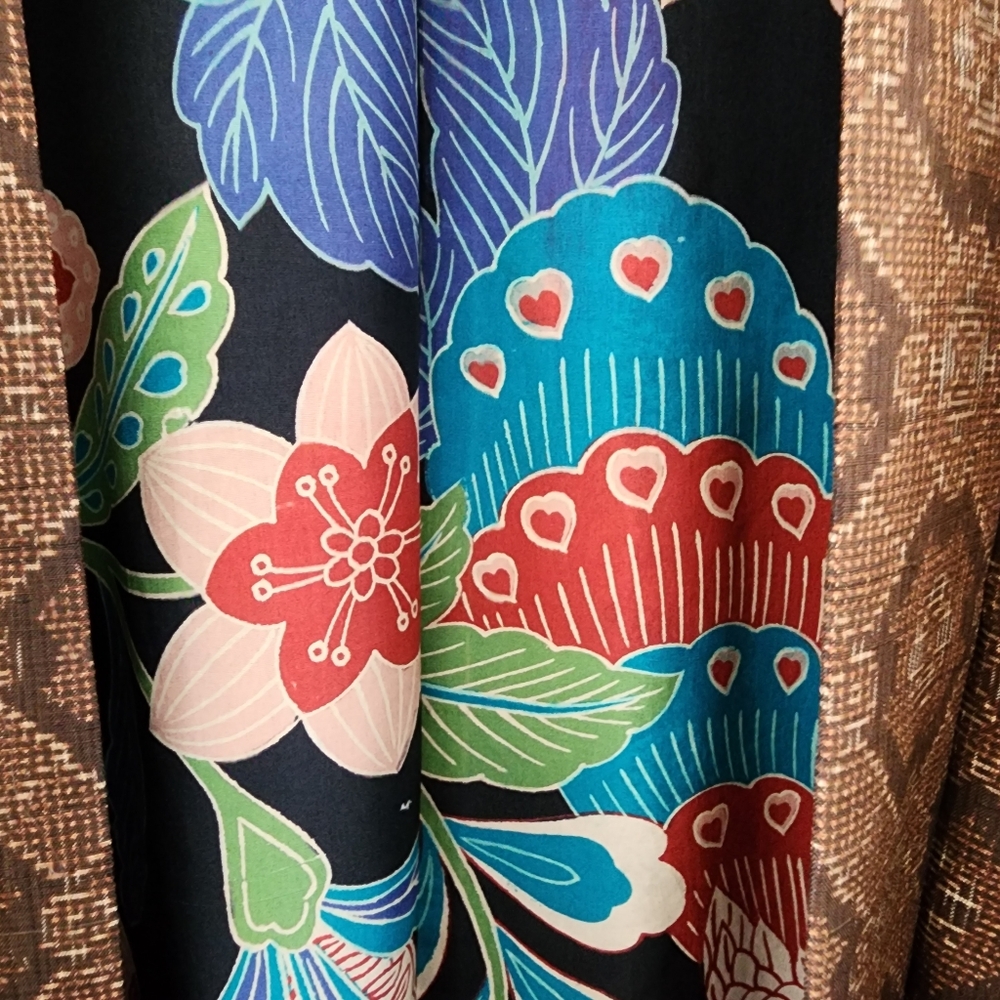 Vintage kimono silk hand stitched haori jacket brown floral lining -K11 - Picture 6 of 16